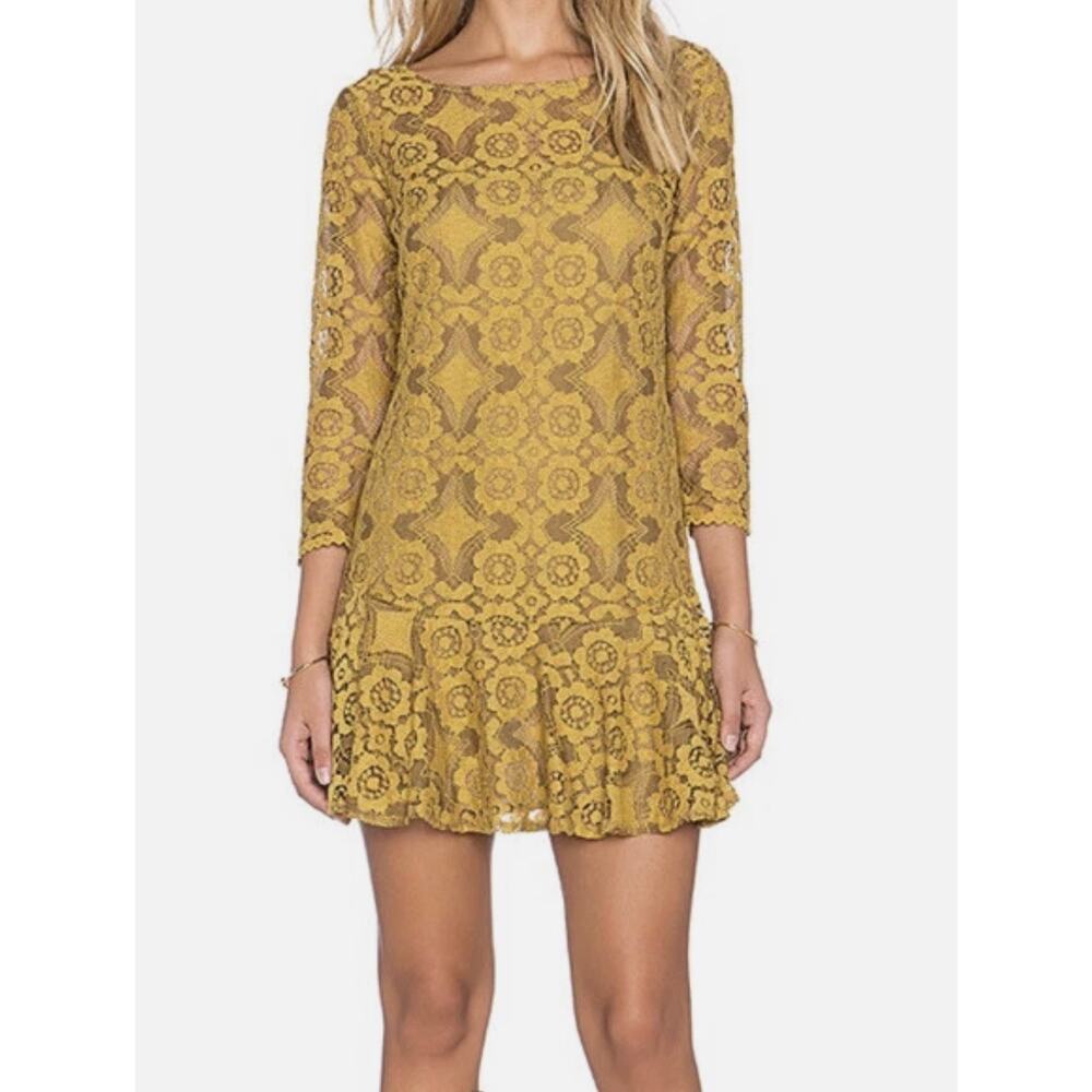 Free People Womens 2 Mustard Lace Walking To The Sun Boho Mini Dress Festival